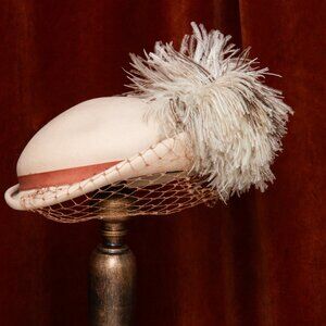 RARE Beige 20s 40s Bumper Capulet Hat with Large Feather & Brown Ribbon Netting